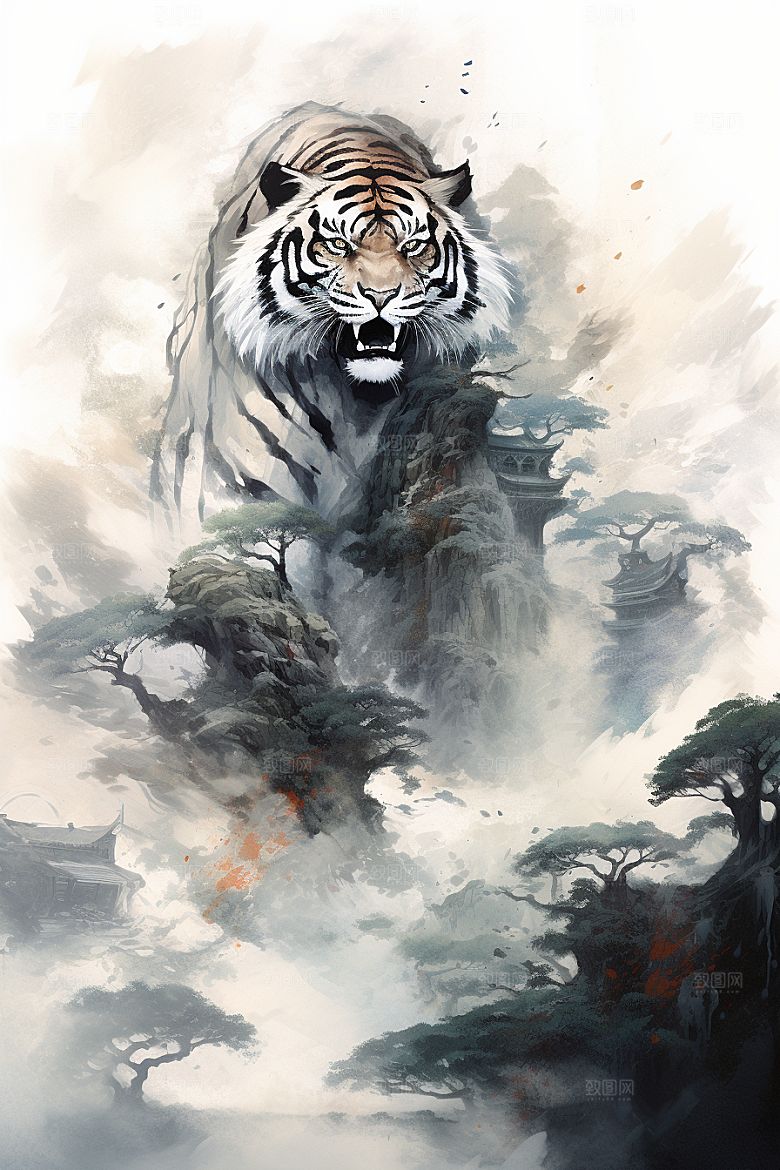 水墨老虎山水企业精神插画