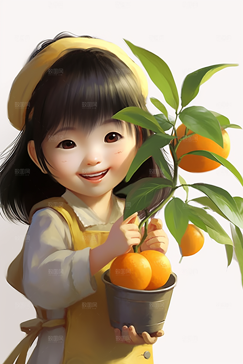 砂糖橘女孩果树清新插画
