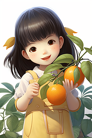 砂糖橘女孩可爱果树插画