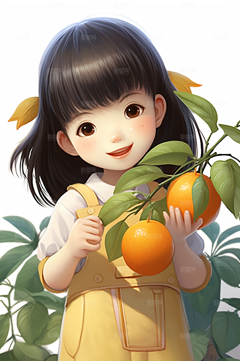 砂糖橘女孩可爱果树插画