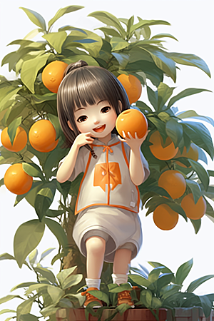 砂糖橘女孩果树水果插画