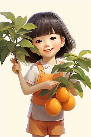 砂糖橘女孩清新果树插画