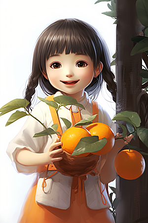 砂糖橘女孩水果果树插画