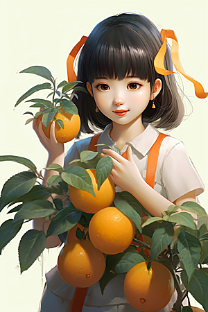砂糖橘女孩果树可爱插画