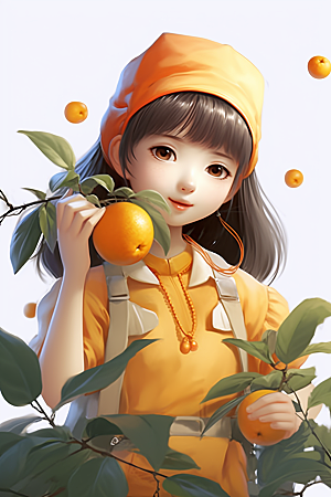 砂糖橘女孩人物果树插画