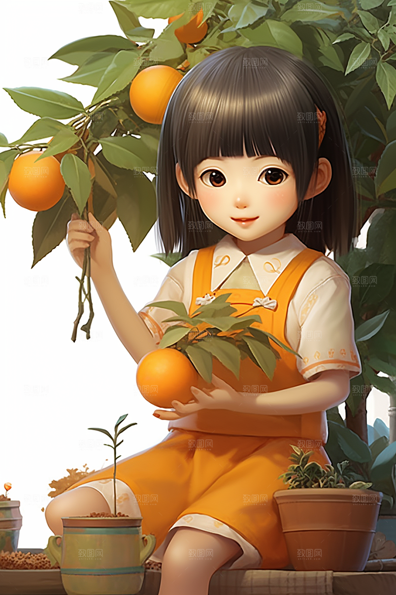 砂糖橘女孩乡村水果插画