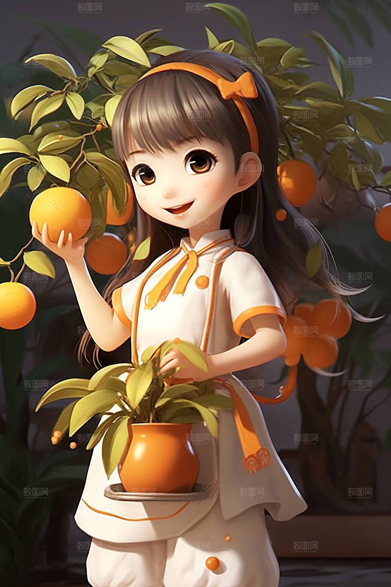 砂糖橘女孩果树甜美插画