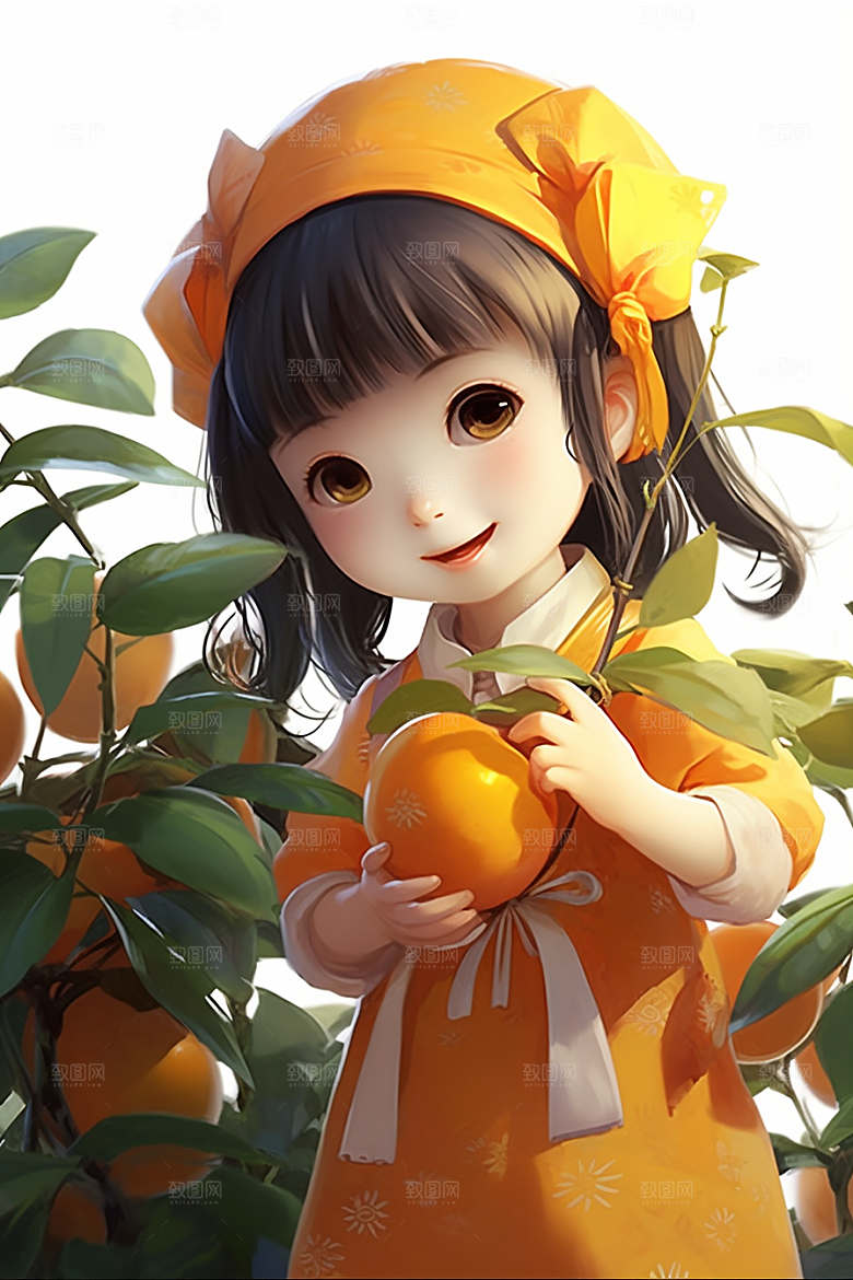 砂糖橘女孩田园果树插画