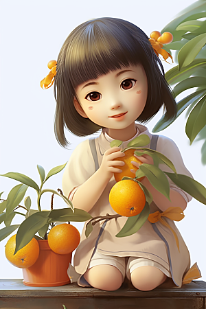 砂糖橘女孩甜美果树插画