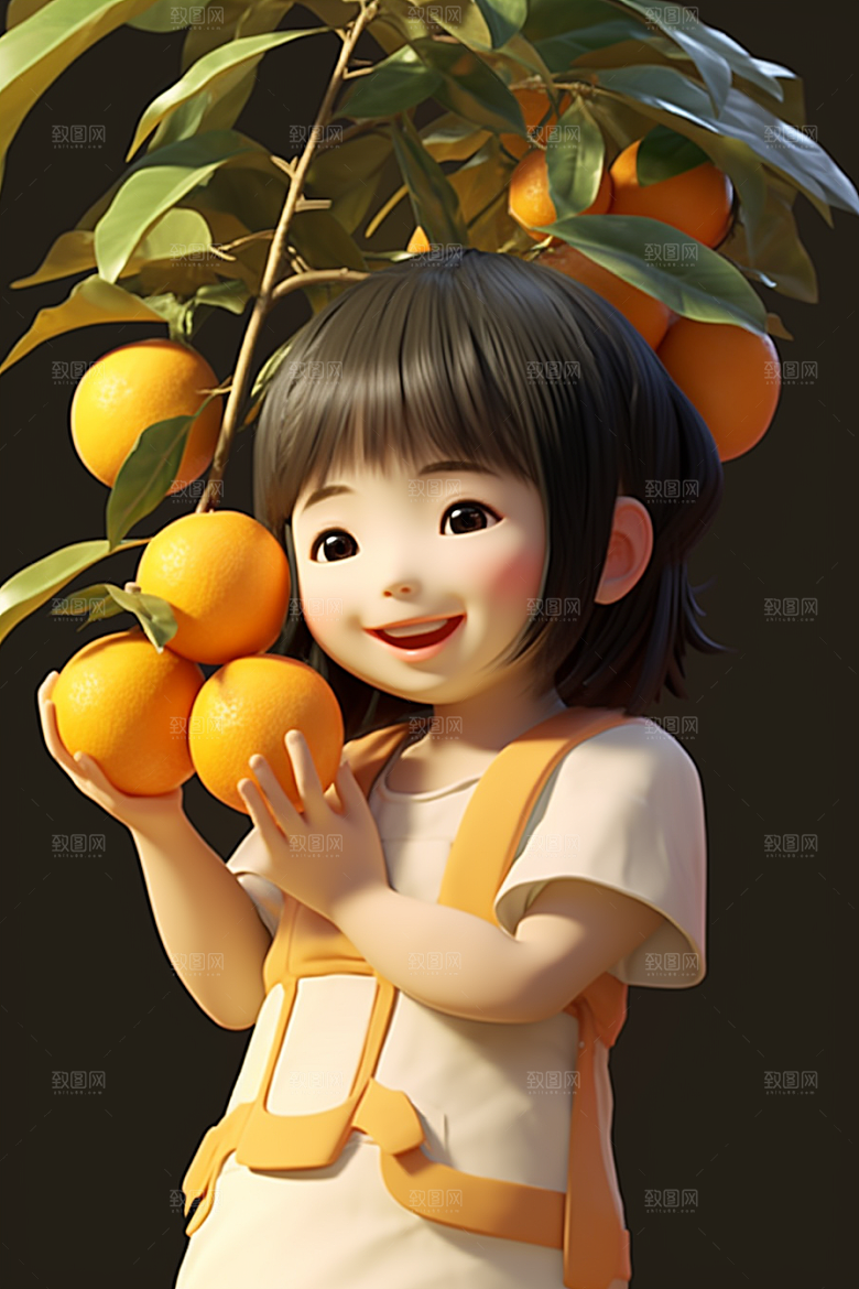 砂糖橘女孩果树水果插画