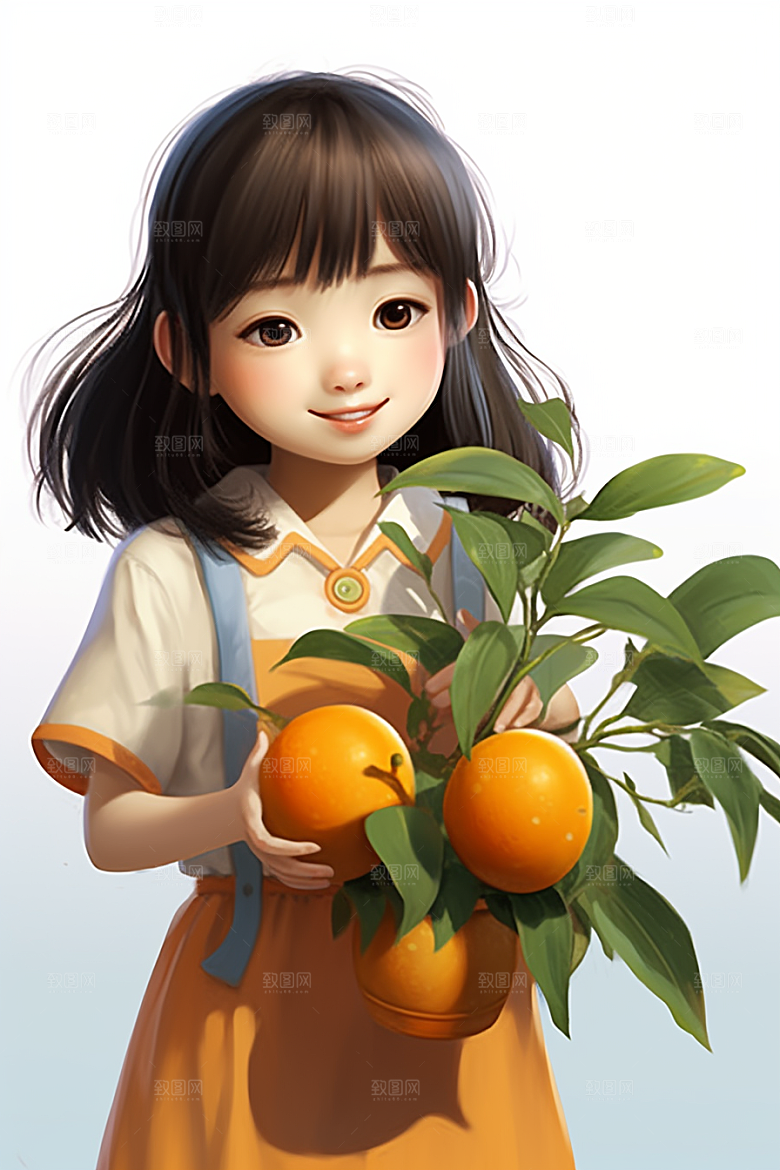 砂糖橘女孩邻家果树插画