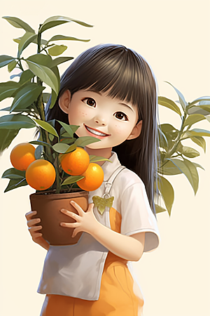 砂糖橘女孩田园果树插画