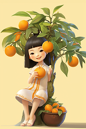 砂糖橘女孩乡村水果插画