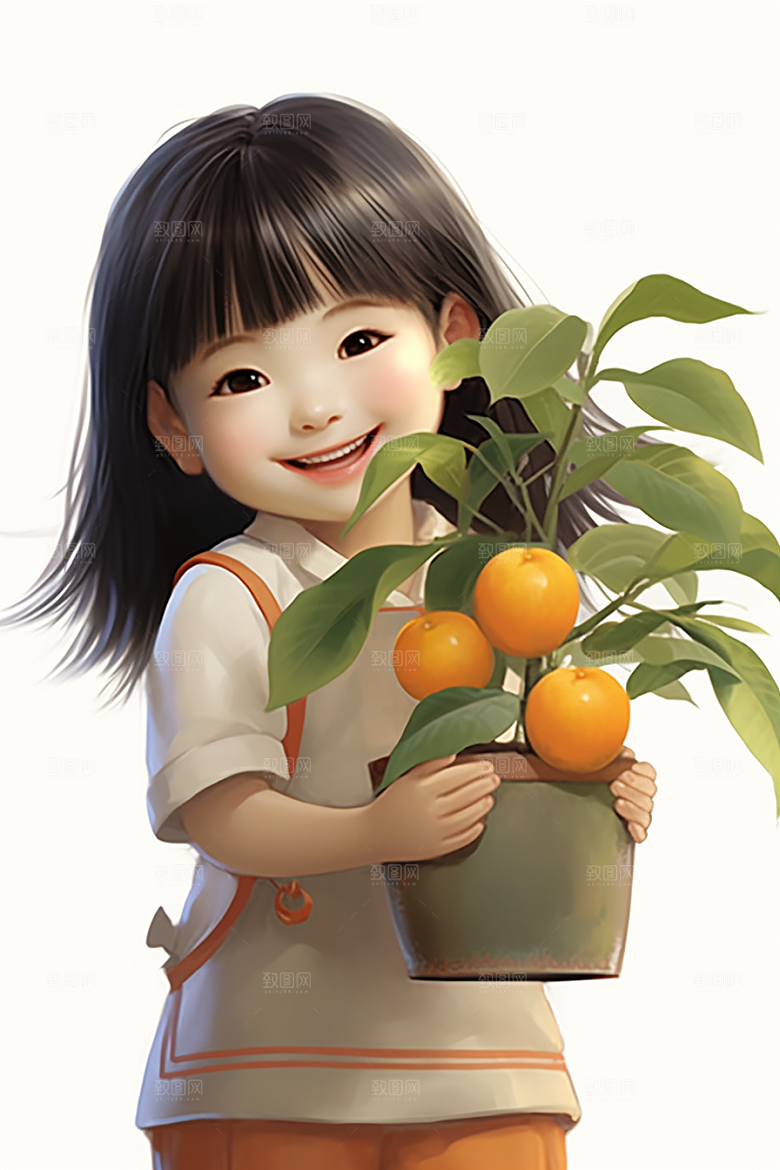 砂糖橘女孩乡村果树插画