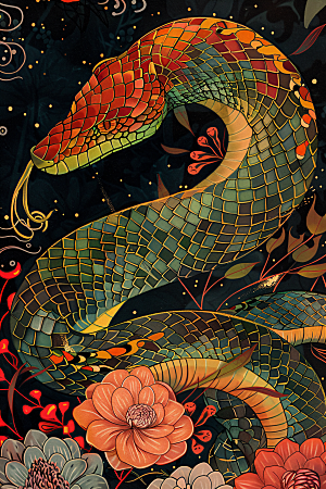 国潮蛇国画传统插画
