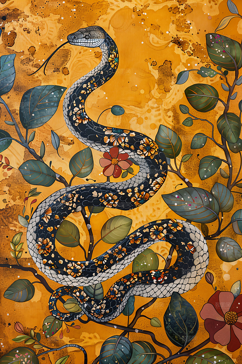 国潮蛇文化山水插画