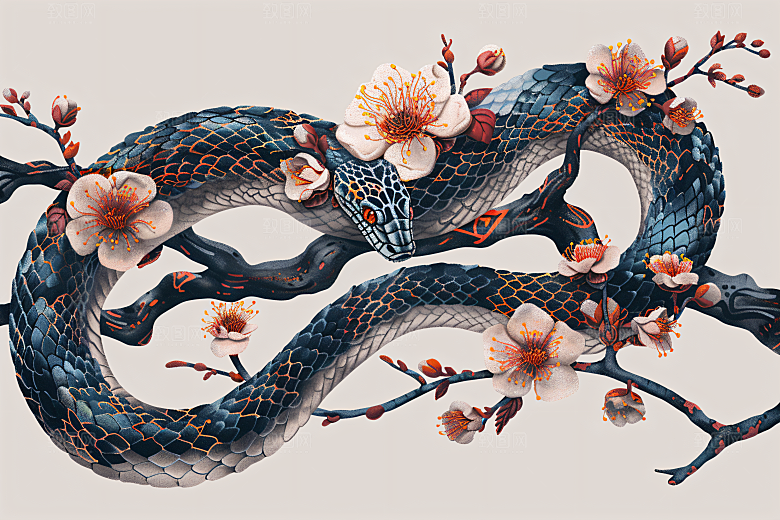 国潮蛇国画纹样插画