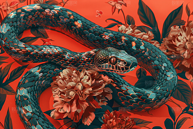 国潮蛇吉祥手绘插画