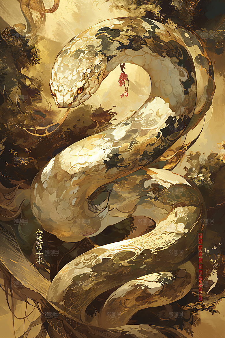 国潮蛇手绘中式插画