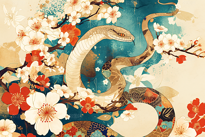 国潮蛇中式传统插画
