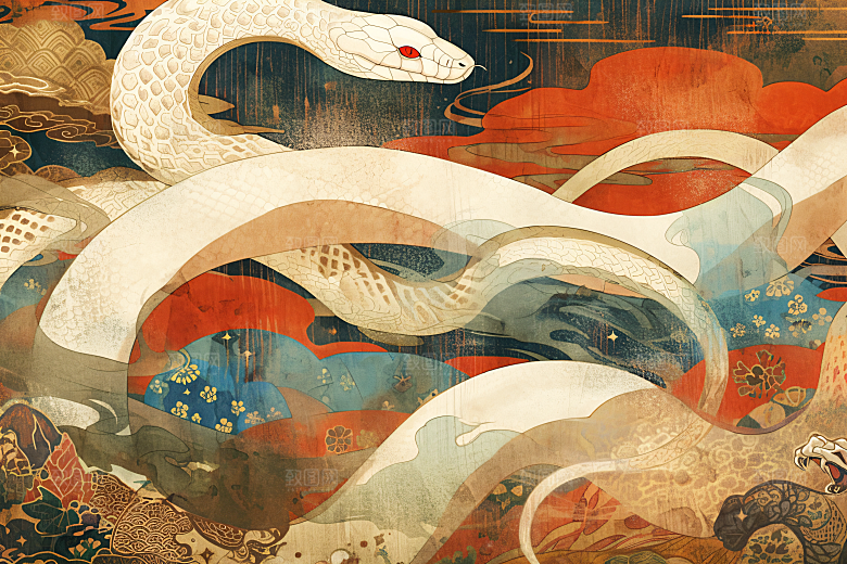 国潮蛇吉祥国画插画