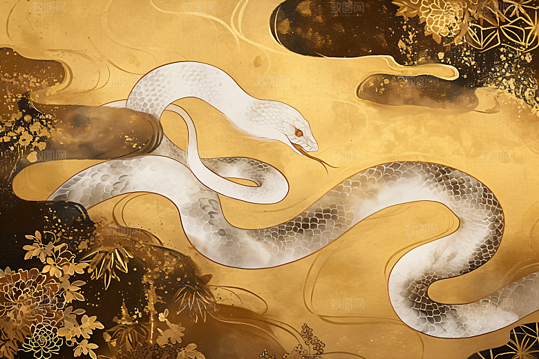 国潮蛇山水国画插画