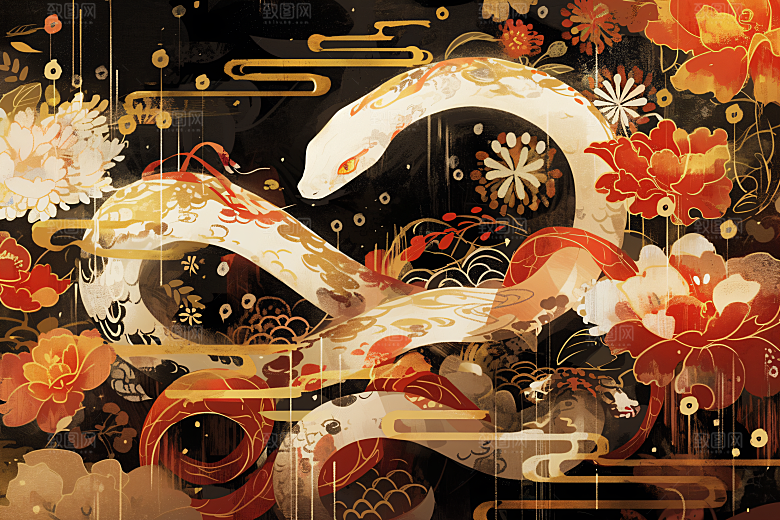 国潮蛇传统中式插画