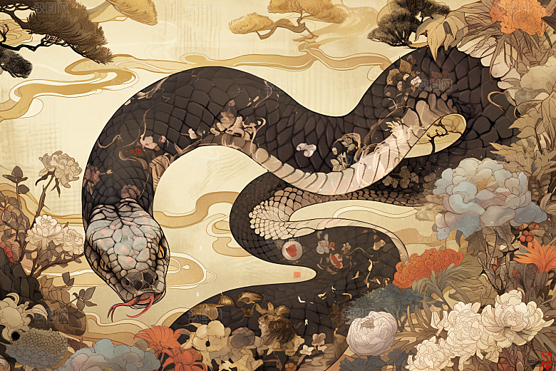 国潮蛇山水国画插画