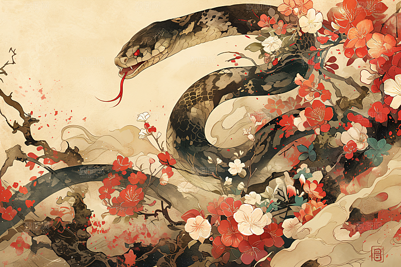 国潮蛇中国风纹样插画