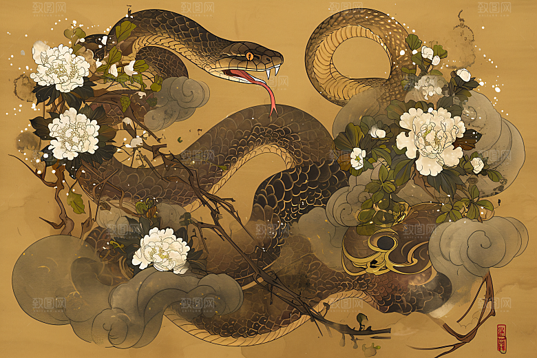 国潮蛇国画高清插画