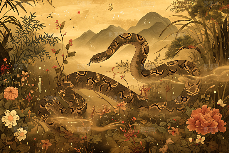 国潮蛇中式手绘插画