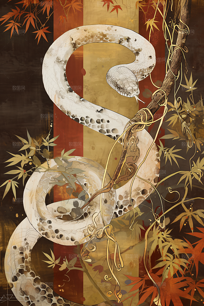 国潮蛇国画吉祥插画