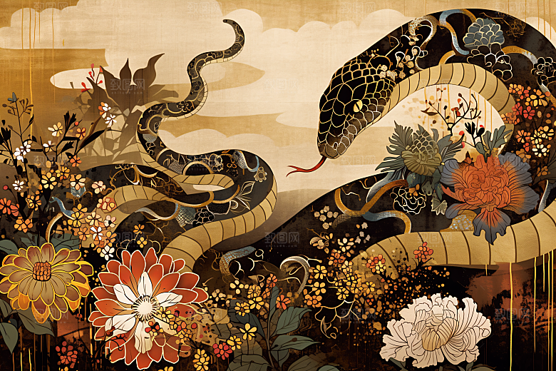 国潮蛇国画传统插画