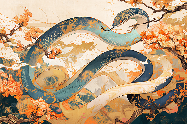 国潮蛇传统自然插画