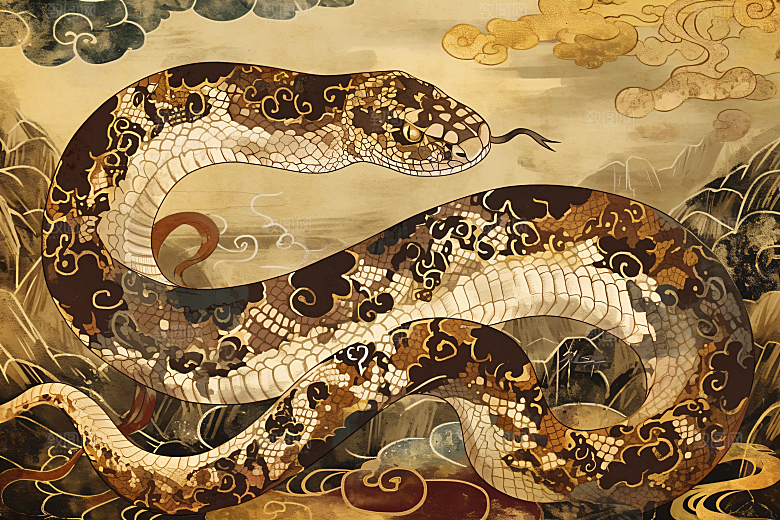 国潮蛇自然中式插画