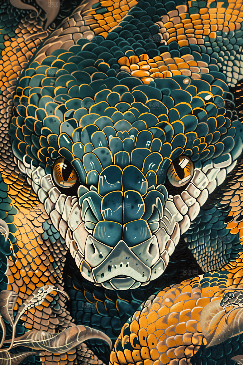 国潮蛇国画吉祥插画