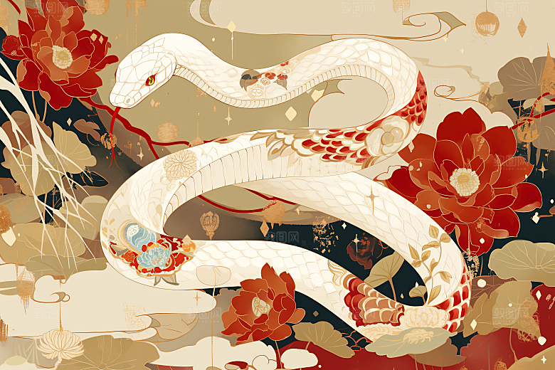 国潮蛇纹样文化插画
