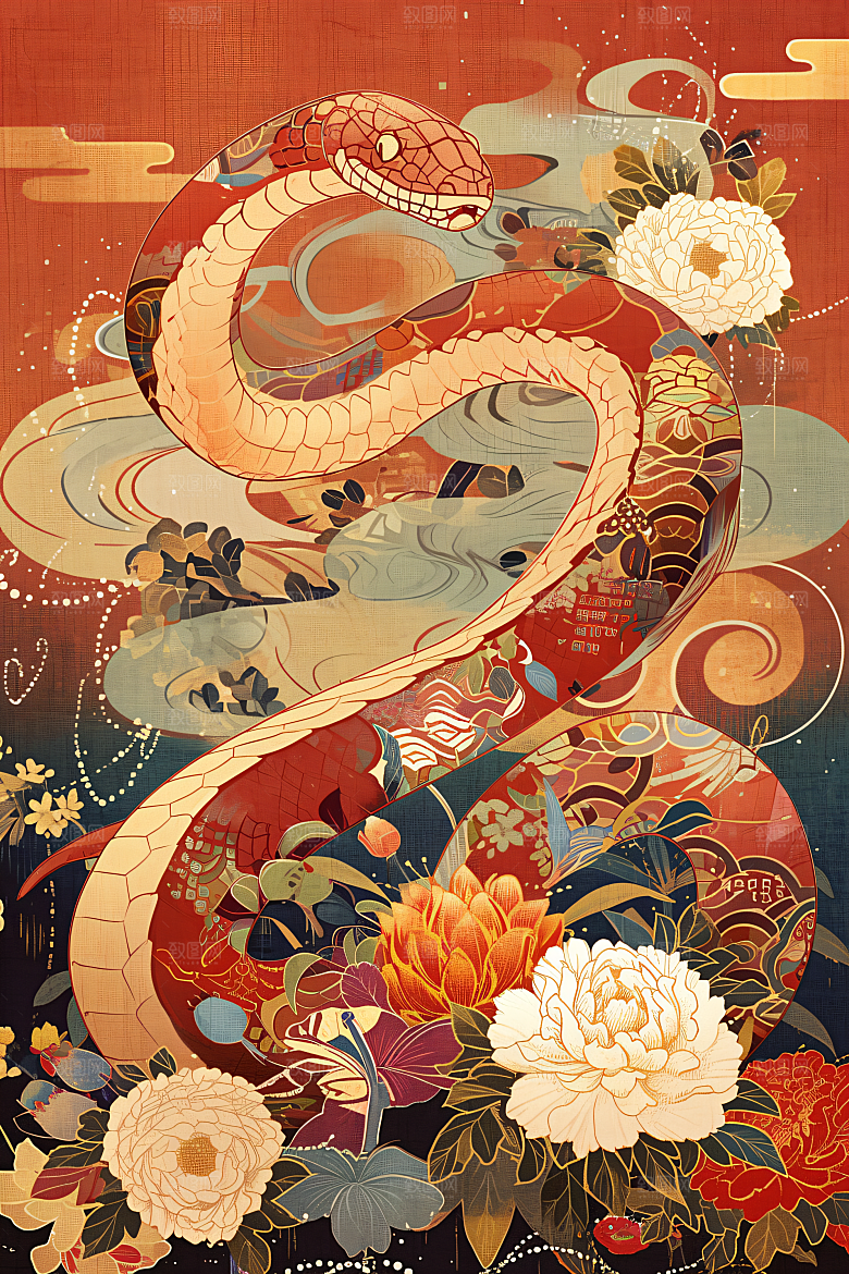 国潮蛇传统自然插画