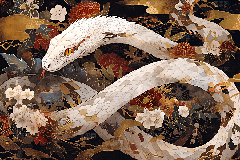 国潮蛇国画中式插画