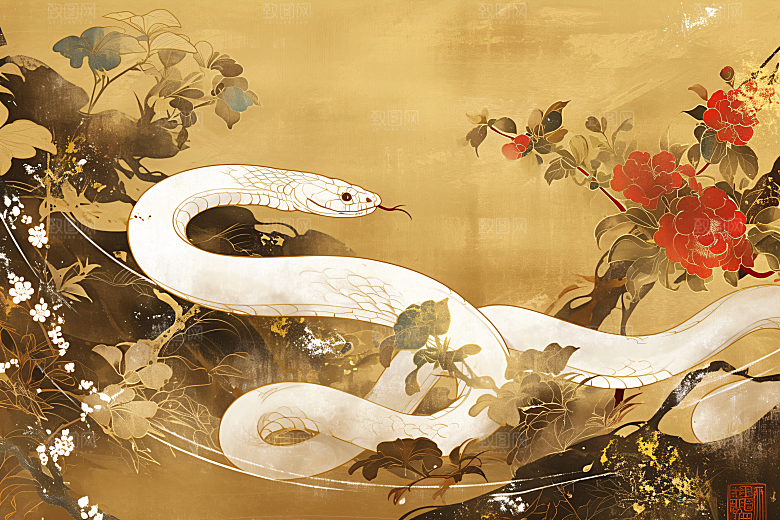 国潮蛇中式吉祥插画