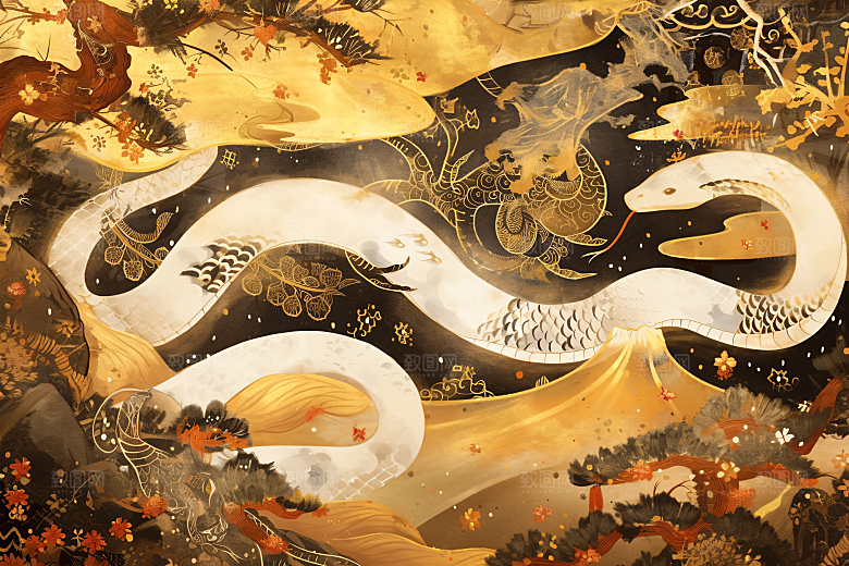 国潮蛇自然山水插画