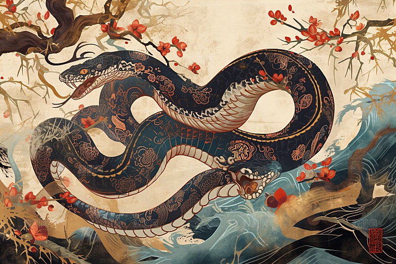 国潮蛇国画中式插画