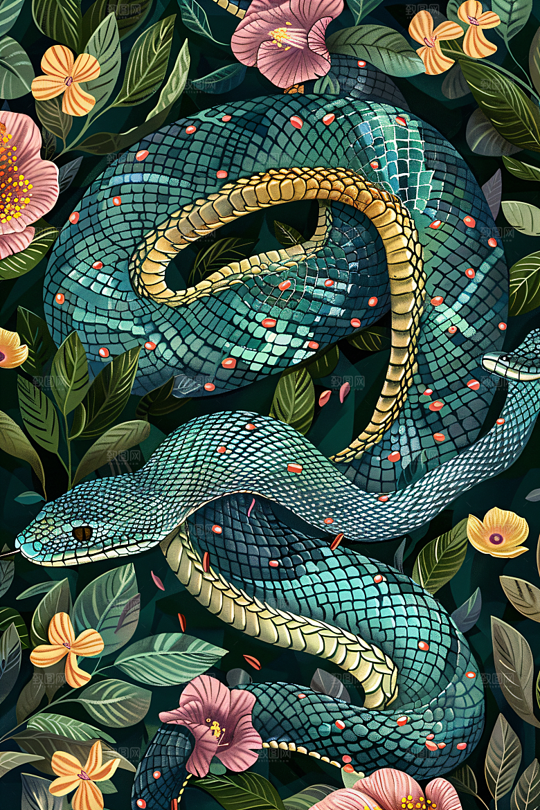 国潮蛇自然山水插画