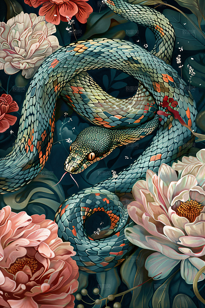 国潮蛇山水国画插画