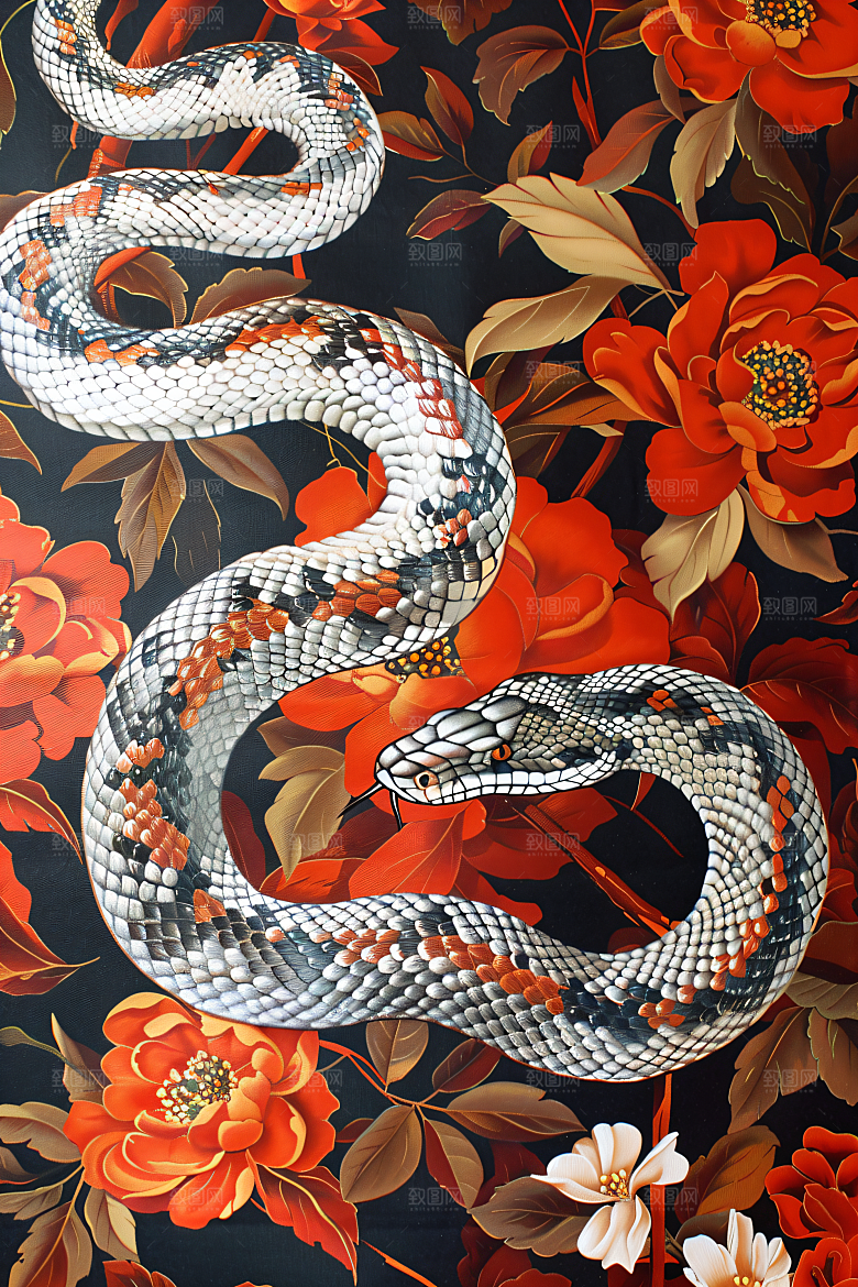 国潮蛇中国风中式插画