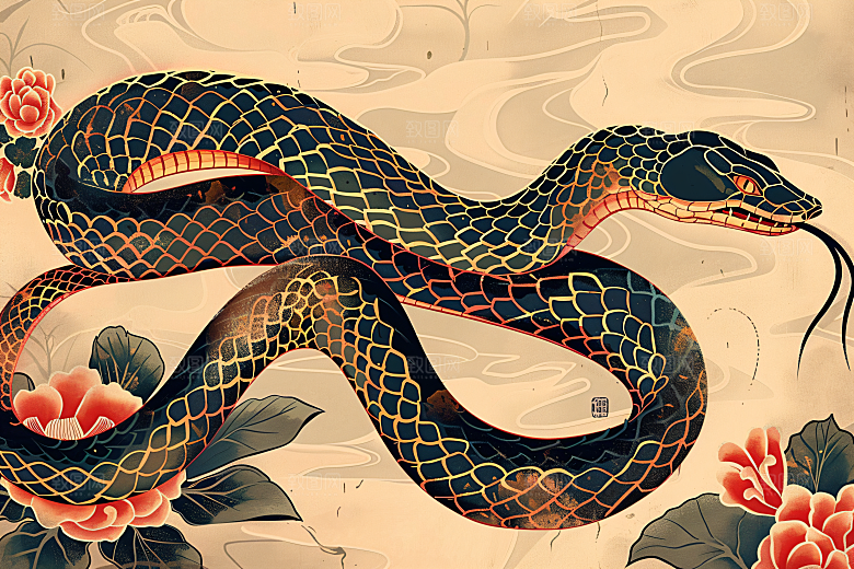 国潮蛇中式高清插画