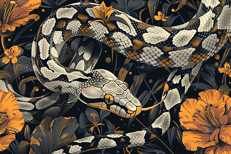 国潮蛇传统山水插画