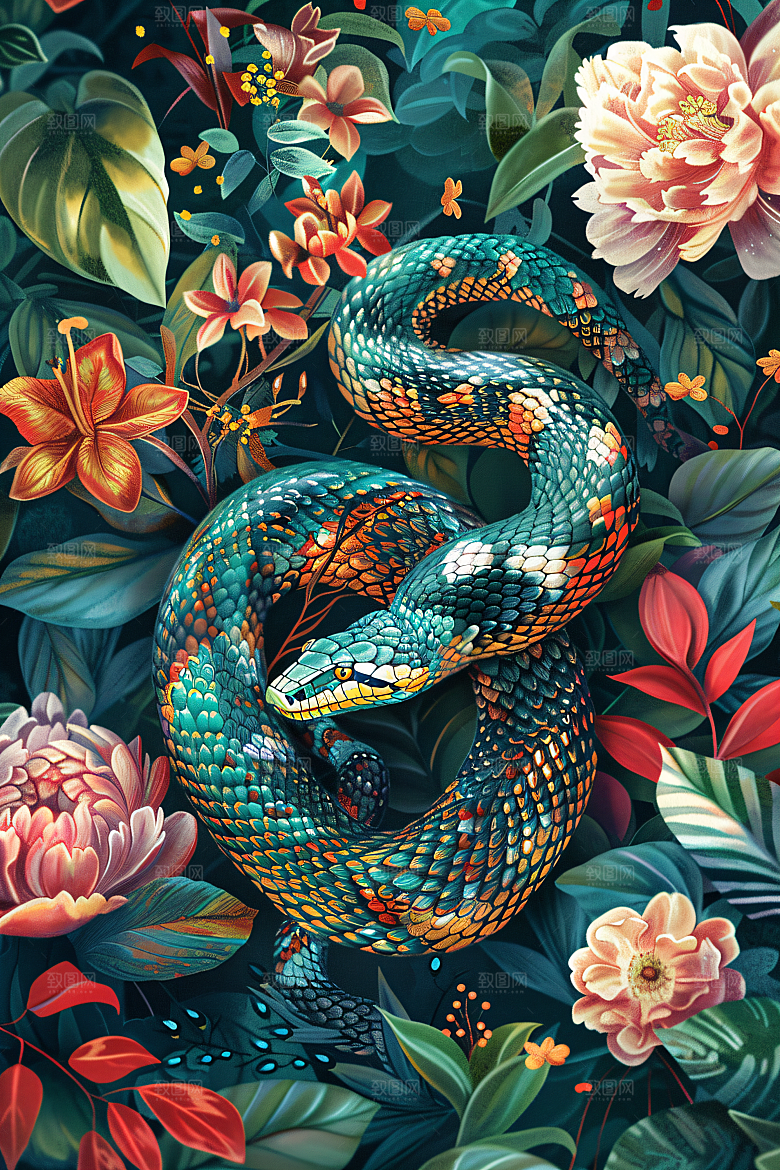国潮蛇中式纹样插画