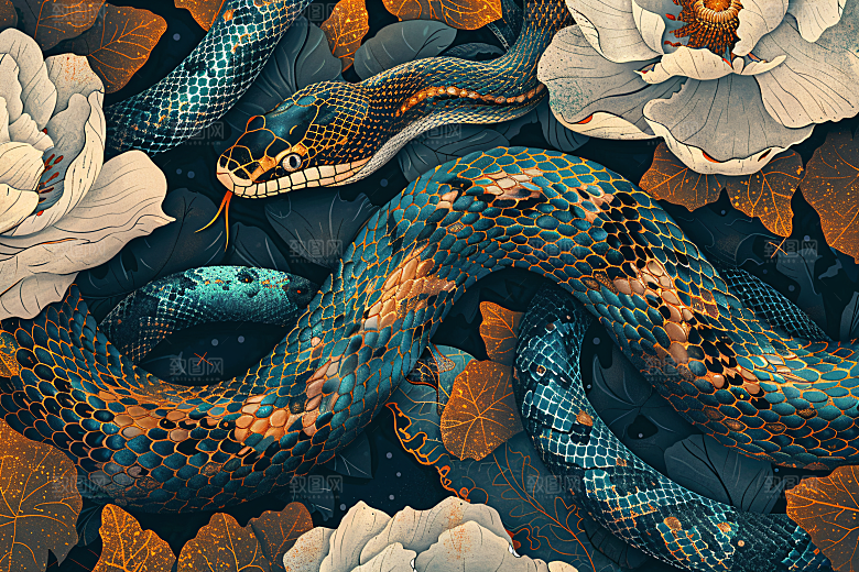 国潮蛇自然手绘插画