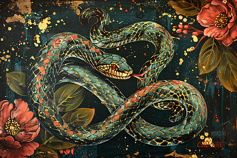 国潮蛇国画中国风插画